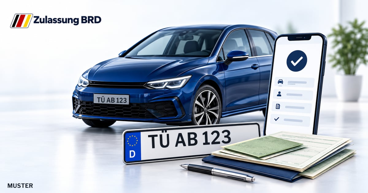 Online Fahrzeugzulassung in Landkreis Tübingen: Musterkennzeichen TÜ AB 123, Auto und Fahrzeugpapiere und Smartphone. Illustration mit Logo von Zulassung BRD.